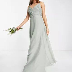 ASOS DESIGN Bridesmaid cami maxi dress with ruched bodice and tie waist in olive